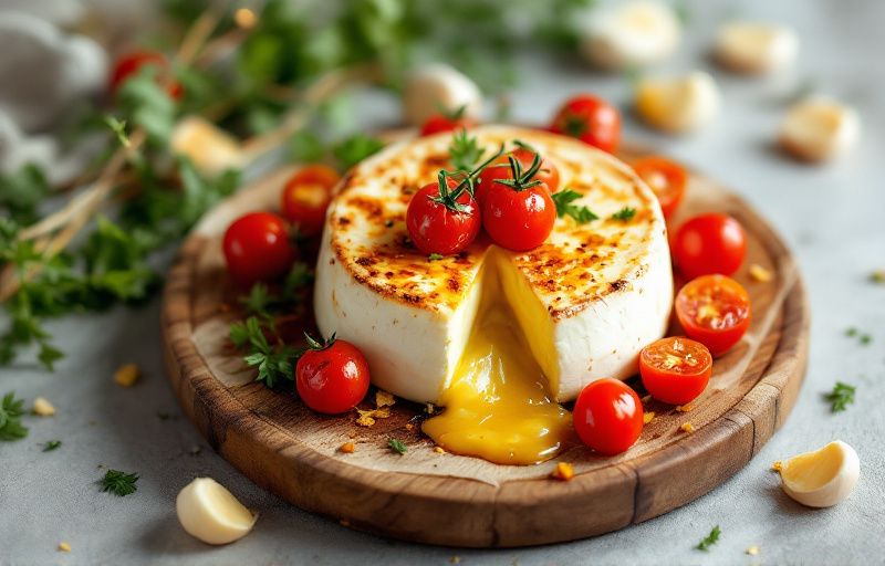 Pieczony camembert z pomidorkami koktajlowymi i płatkami czosnku