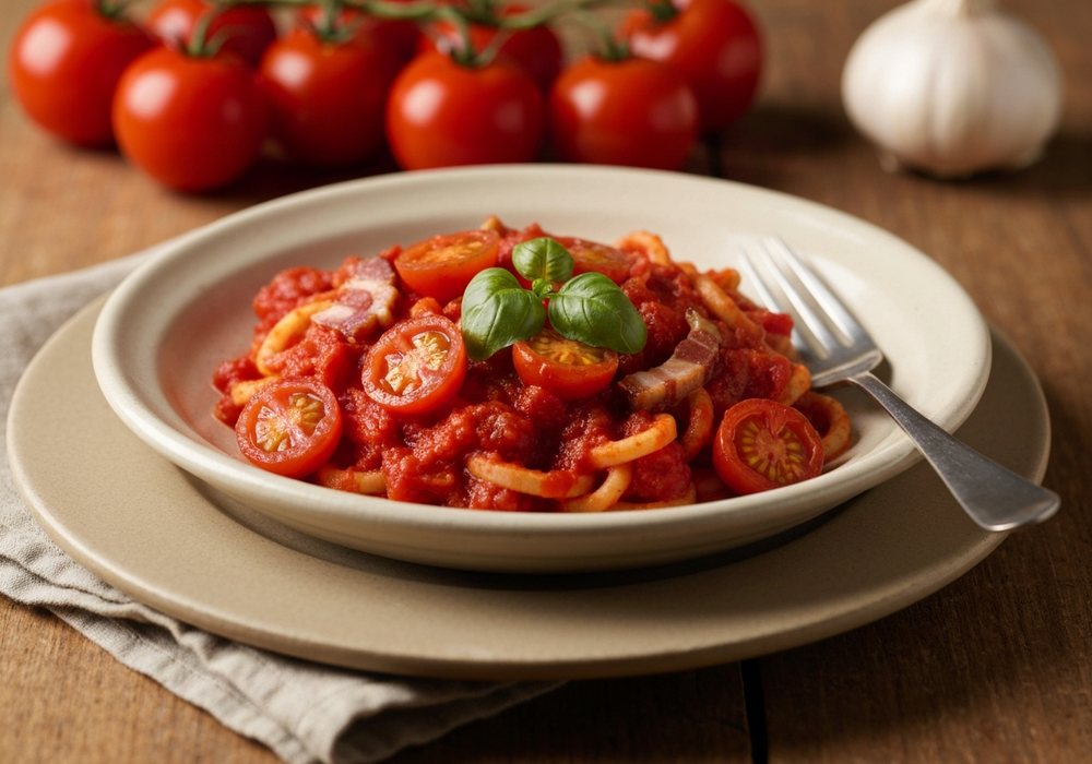 Amatriciana z guanciale i pomidorami San Marzano