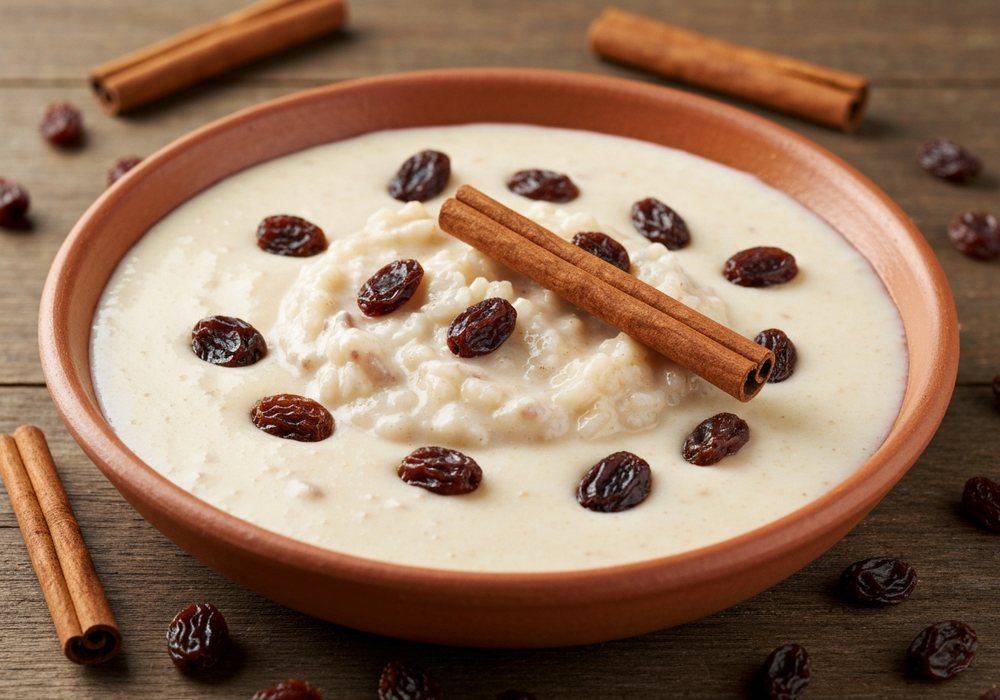 Arroz con leche meksykański z cynamonem i rodzynkami