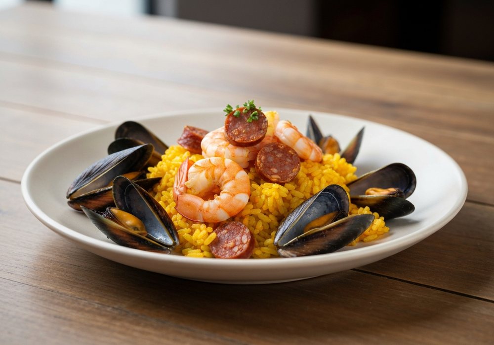 Arroz de marisco z krewetkami, małżami i chorizo