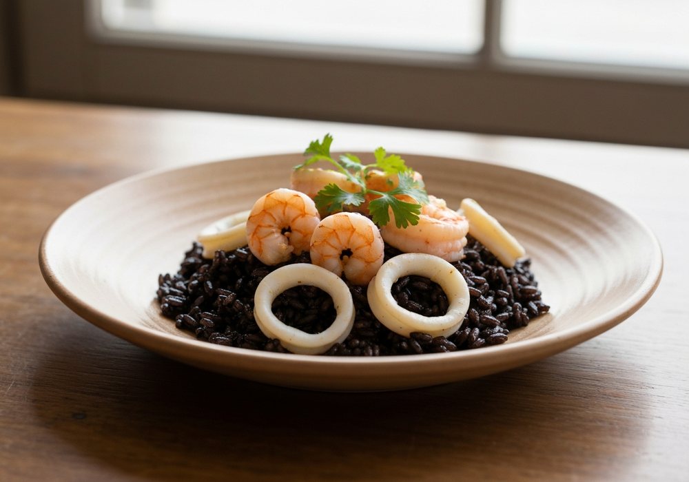 Arroz negro z kałamarami, krewetkami i aioli