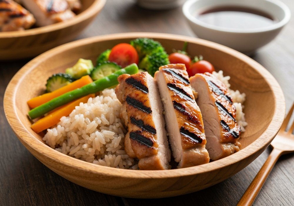 Bento z kurczakiem teriyaki, ryżem jaśminowym i warzywami