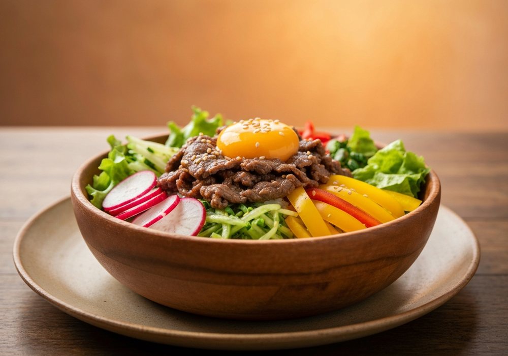 Bibimbap z wołowiną, warzywami i jajkiem