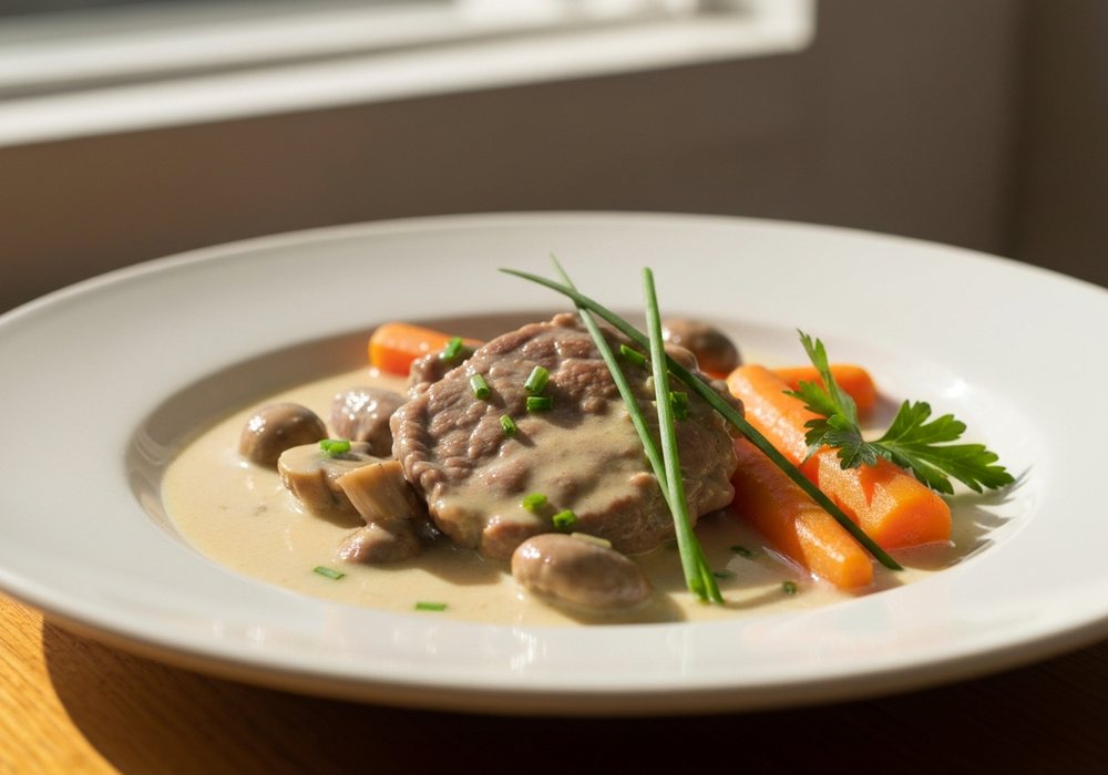 Blanquette de veau z marchewką, pieczarkami i kremowym sosem