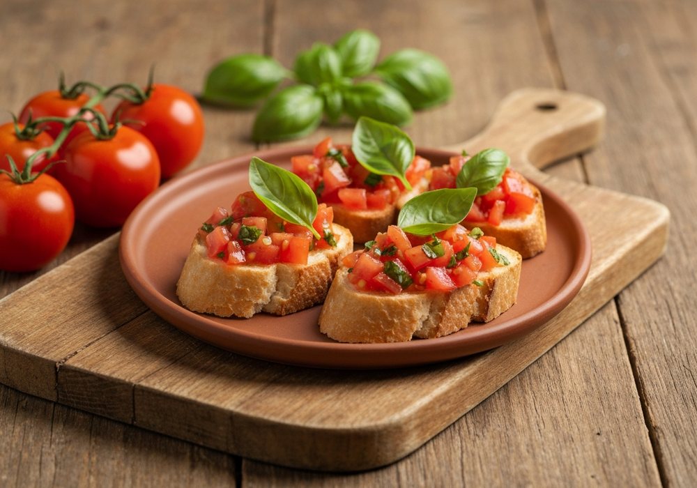 Bruschetta z pomidorami i bazylią na chrupiącej bagietce