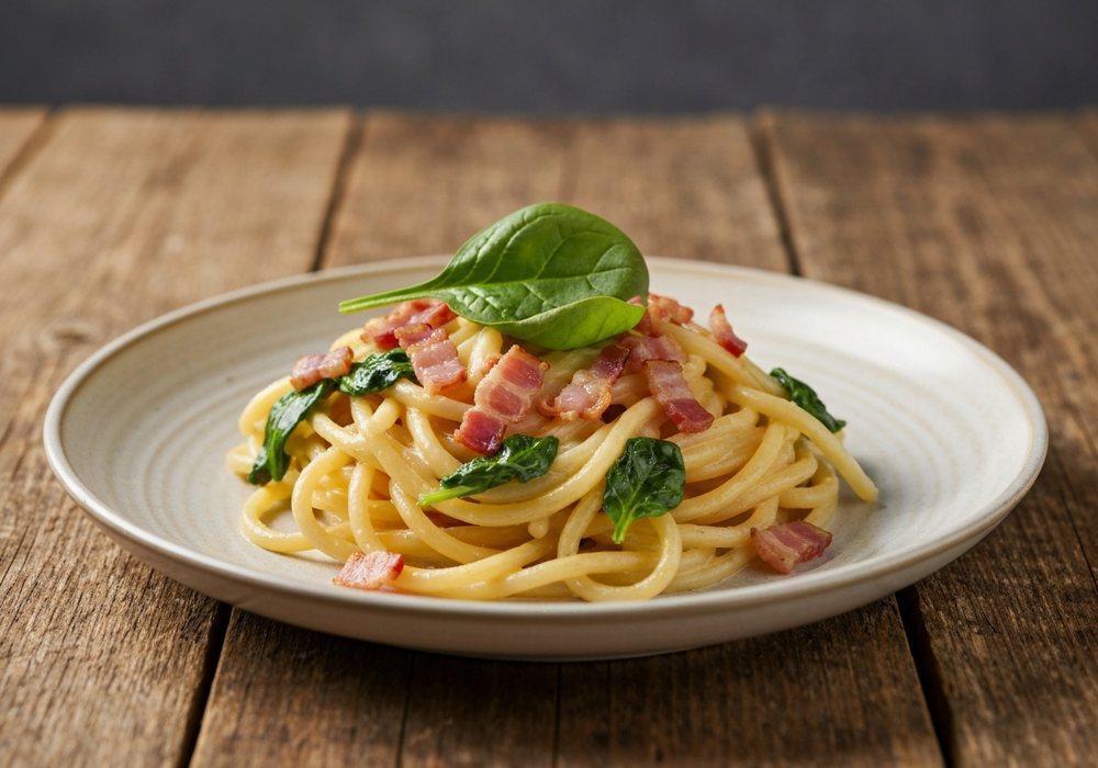 Carbonara ze szpinakiem i chrupiącym boczkiem