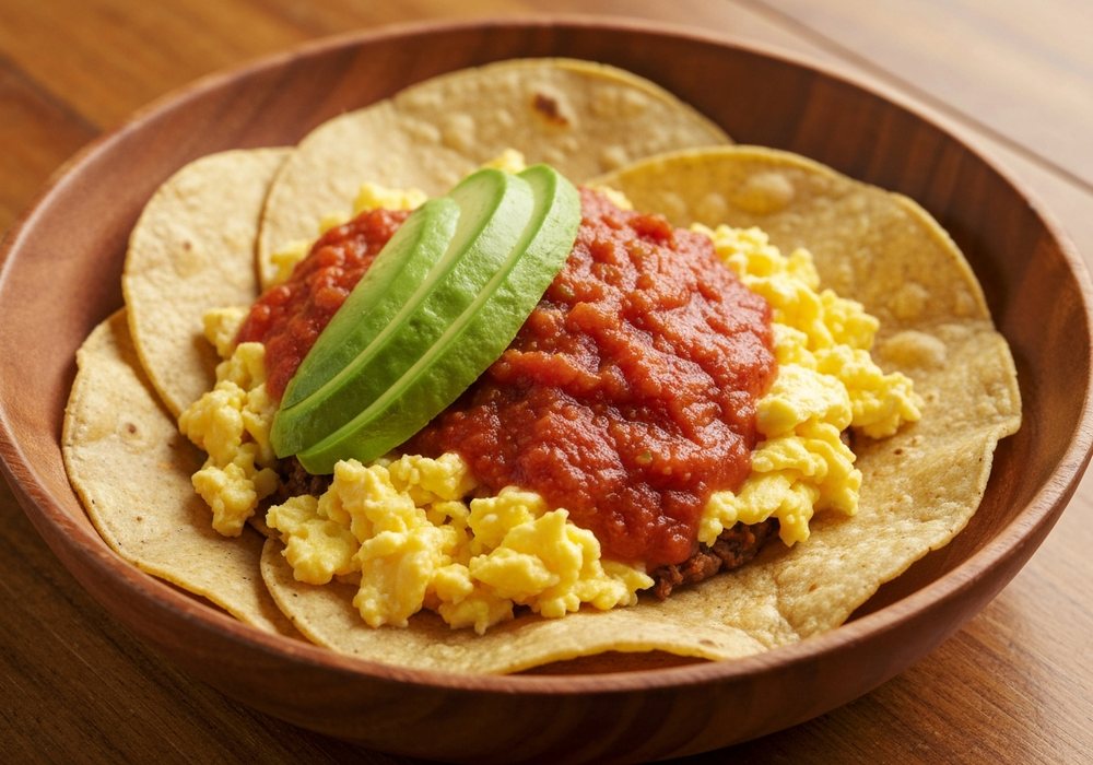 Chilaquiles z salsą roja, jajkiem i awokado
