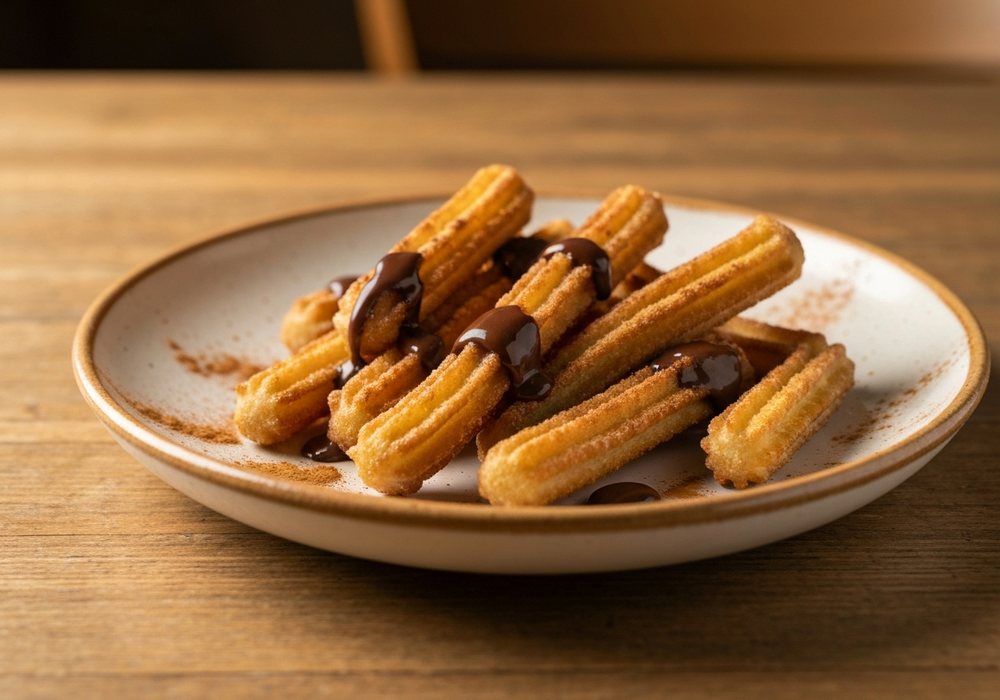 Churros con chocolate z aromatycznym sosem czekoladowym