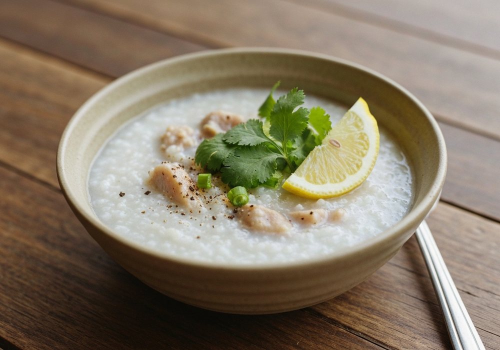 Congee tajskie – kremowa zupa ryżowa z kurczakiem i jajkiem