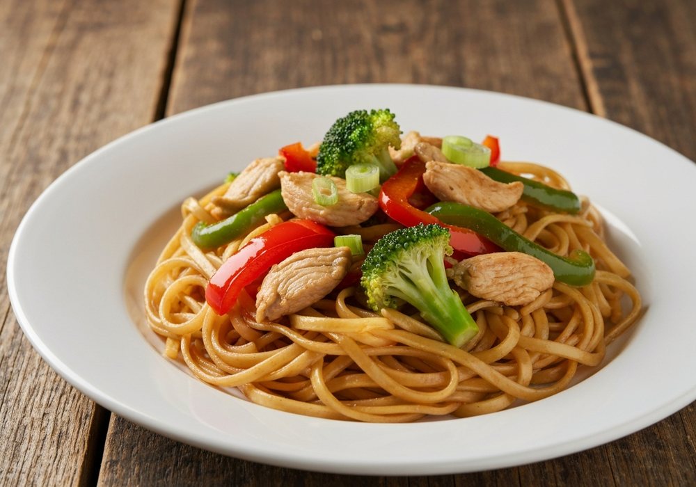 Makaron chow mein z kurczakiem i chrupiącymi warzywami