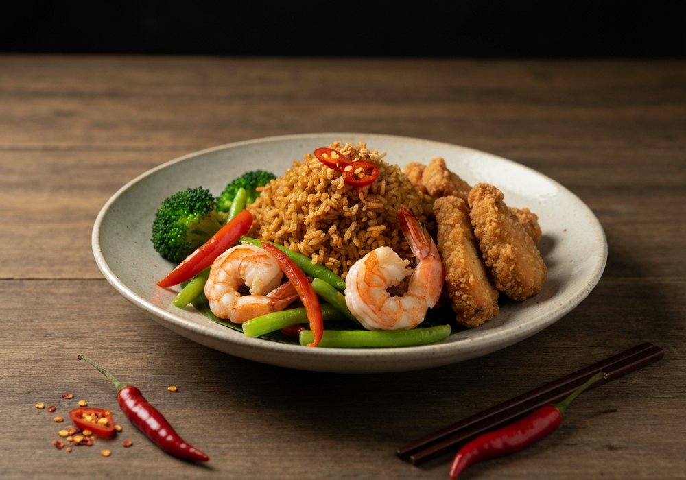 Nasi goreng z kurczakiem, krewetkami i warzywami