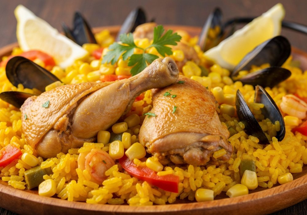 Paella valenciana z kurczakiem, królikiem i fasolką