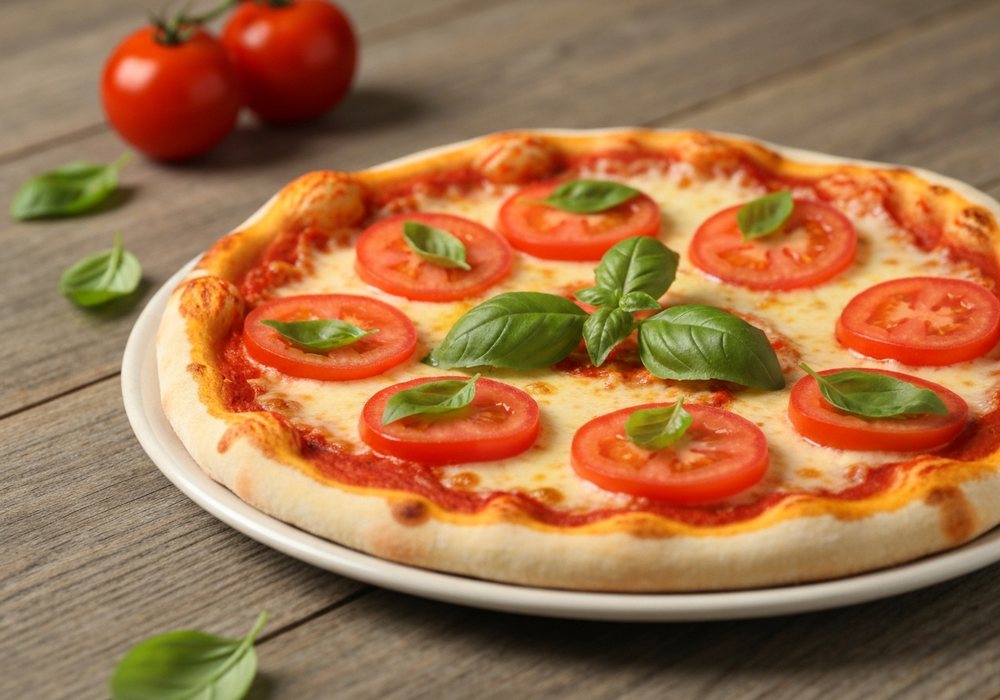 Pizza margherita z chrupiącym ciastem i świeżą bazylią
