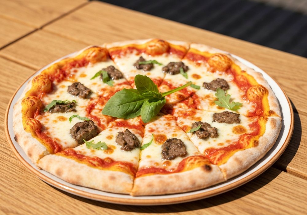 Pizza z kozim serem, pomidorami i rukolą