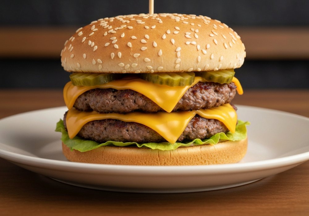 Smashburger z podwójną wołowiną, cheddarem i piklami
